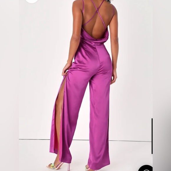 NWT LULUs Purple Magenta Split-Leg Backless Satin Jumpsuit - Medium - Picture 3 of 6